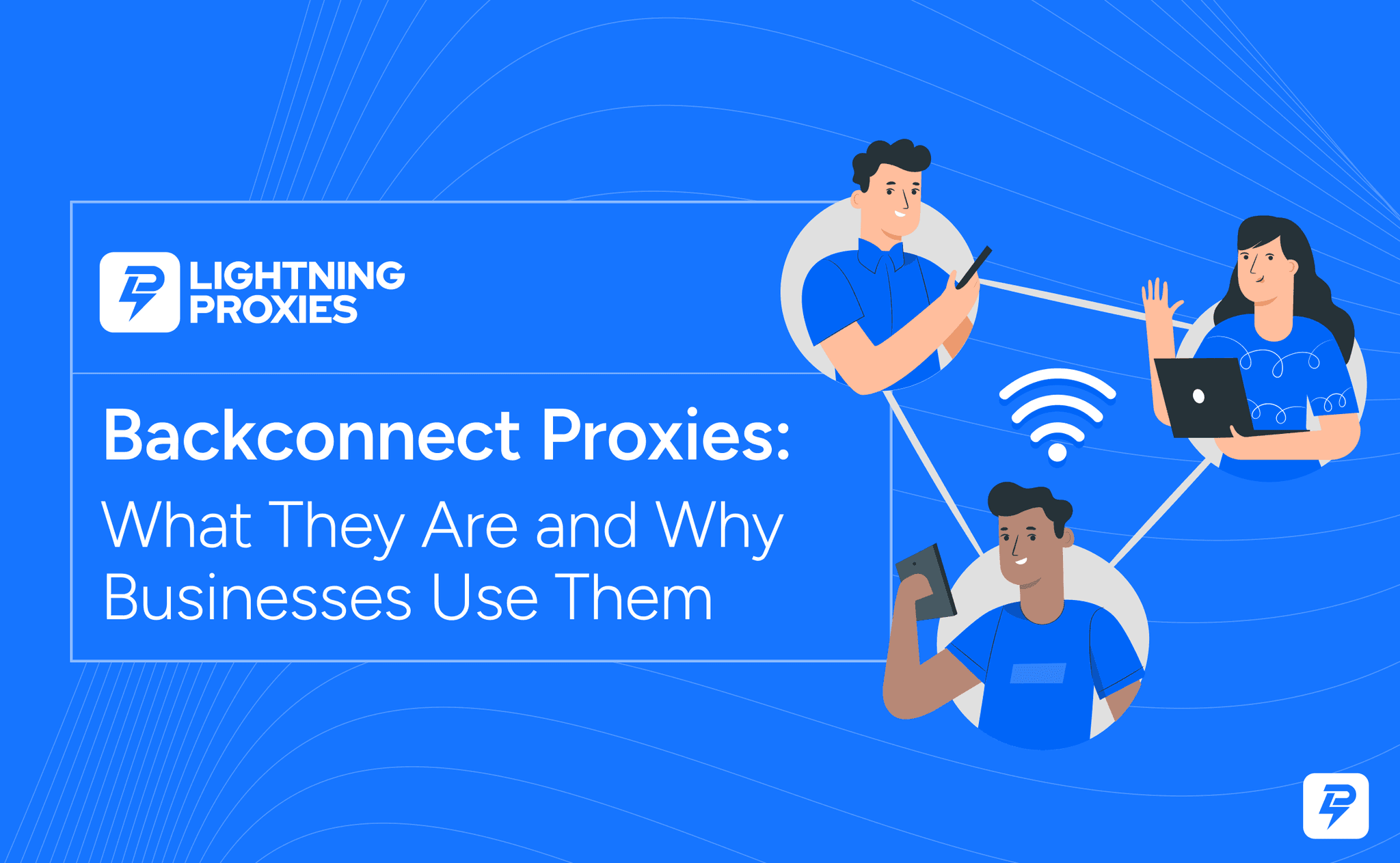 Blue flat illustration showing how a backconnect proxy works with automatic IP rotation, proxy server pool, and devices connecting through rotating IP addresses for secure data collection.