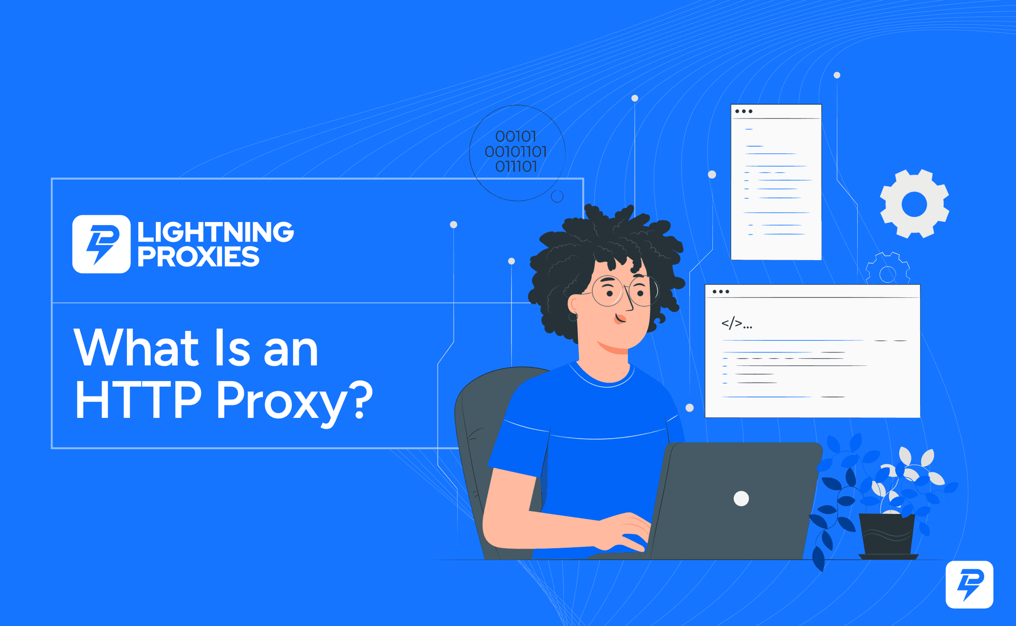 Flat-style illustration explaining what an HTTP proxy is, showing a user request passing through an HTTP proxy server before reaching a website