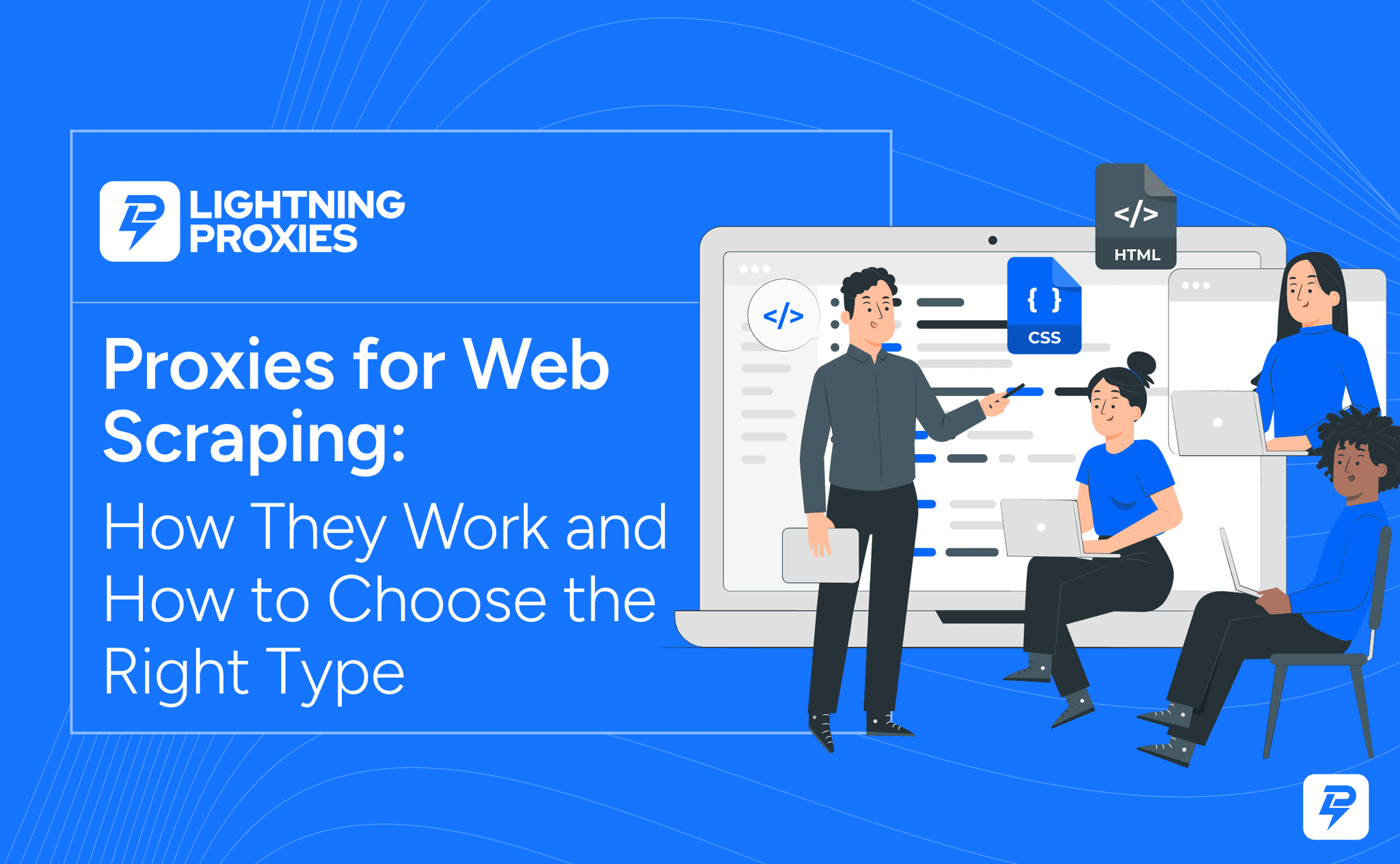 Blue infographic illustration showing how proxies support web scraping with automatic IP rotation, proxy pool servers, and scalable data collection workflows.