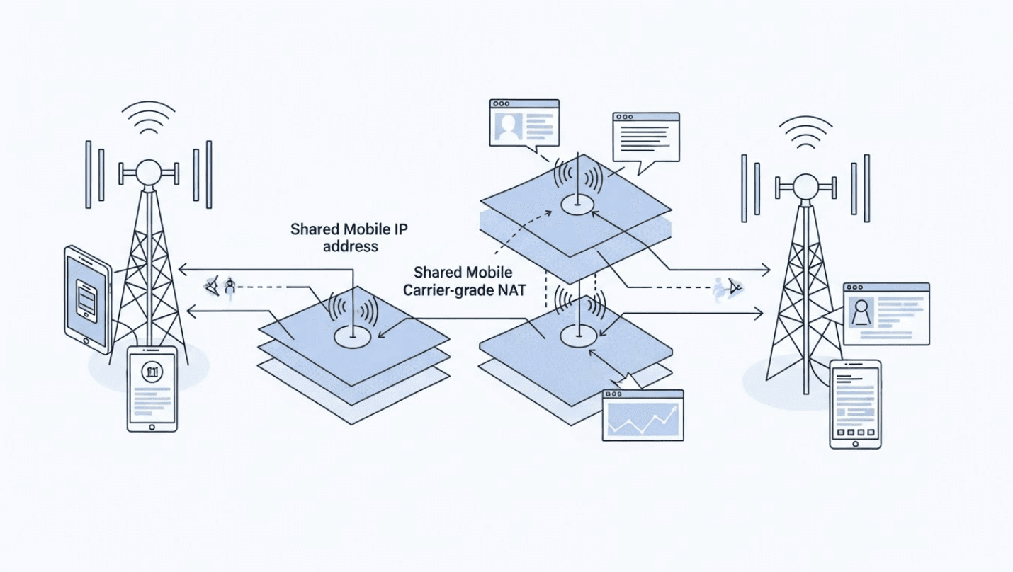 Diagram illustrating shared mobile IP routing and dynamic IP rotation on cellular networks