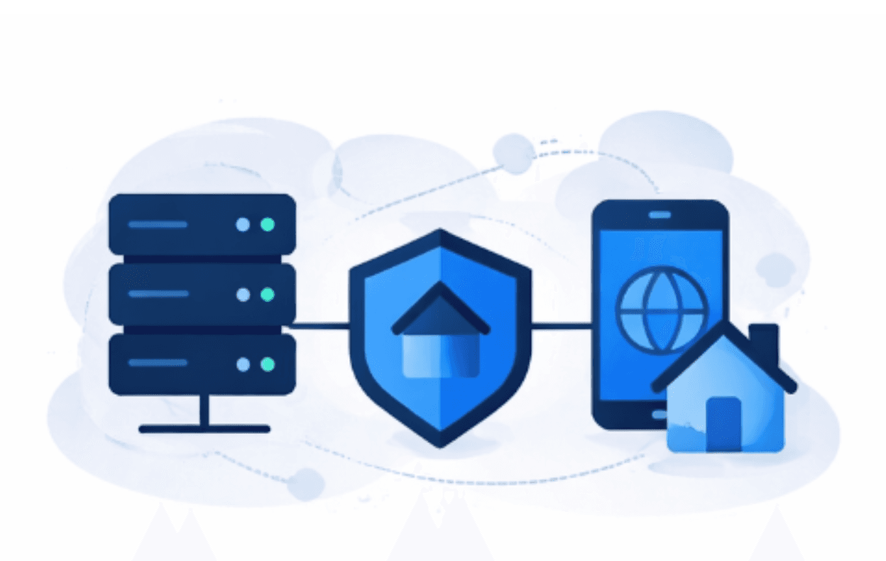 Simple blue illustration showing secure proxy data validation workflow with residential house icon, mobile device, server stack, and rotation symbol representing reliable market research data collection.