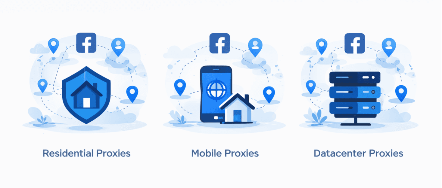 Blue flat illustration showing different proxy types for Facebook account management, including residential, mobile, and datacenter proxy servers connected to social media access.