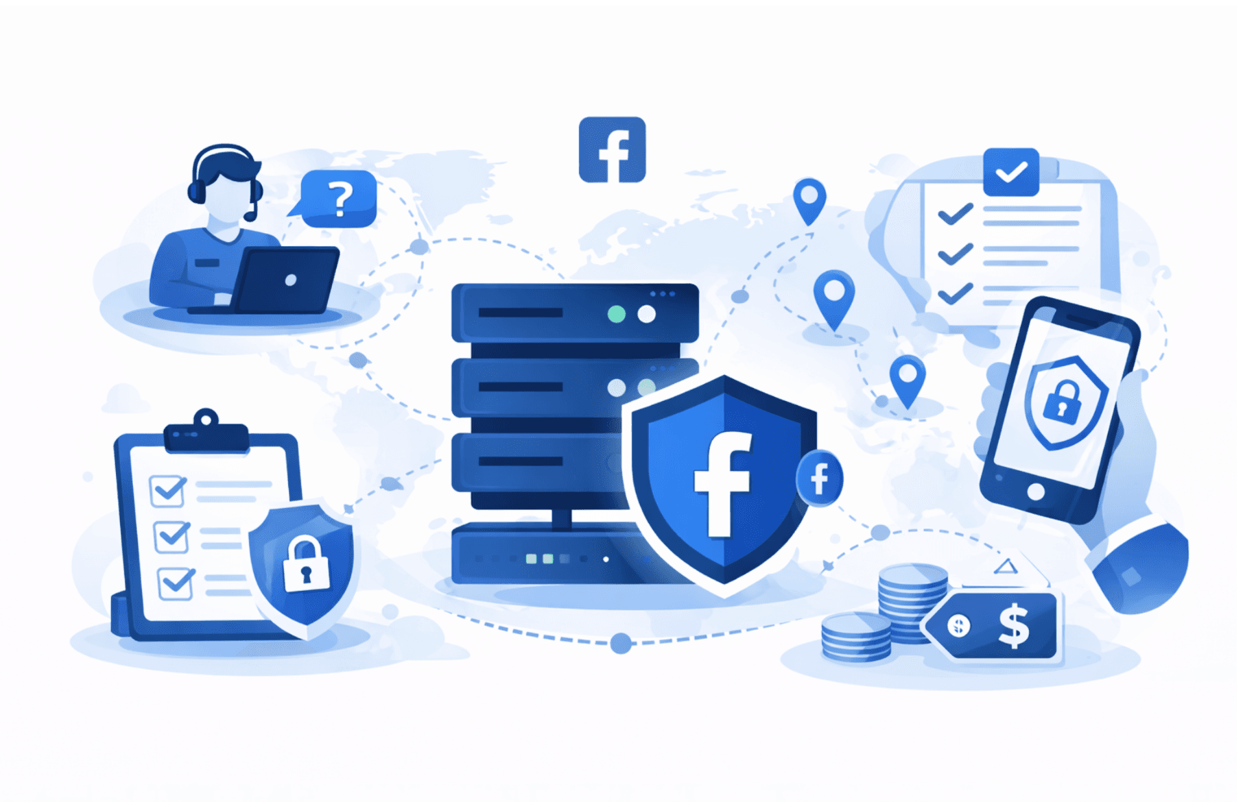 Simple blue illustration showing Facebook proxy provider selection with secure servers, global locations, shield protection, and stable social media connection for managing multiple accounts.