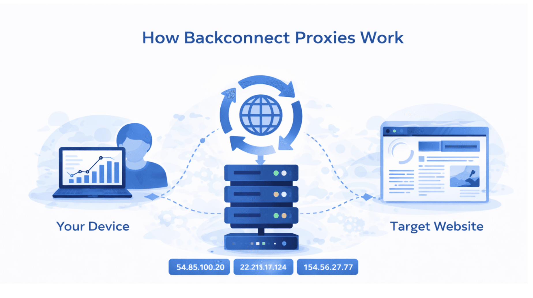 Blue illustration showing how a backconnect proxy works with automatic IP rotation between user device, proxy server pool, and target website for secure data collection.