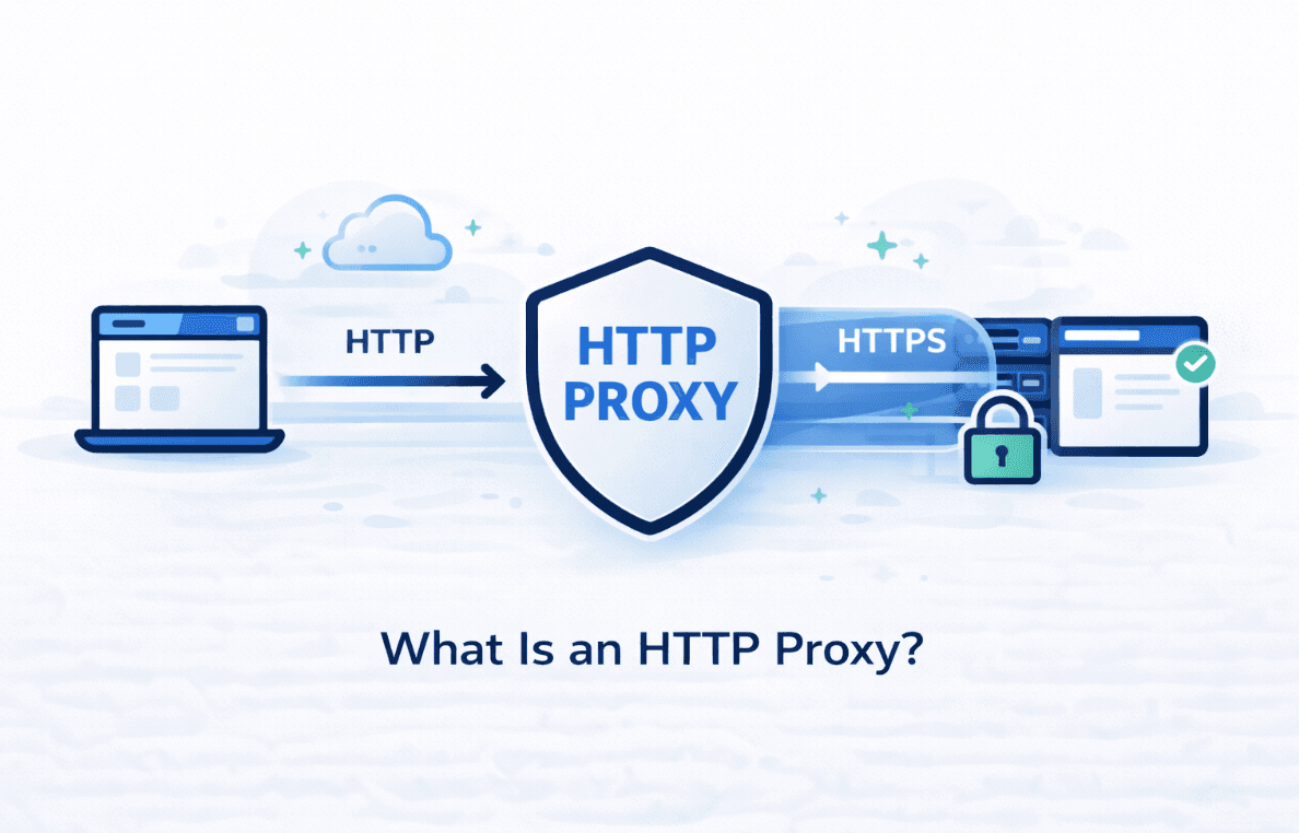 Flat-style illustration showing HTTP and HTTPS traffic passing through a proxy, with encrypted HTTPS data tunneled securely between the client and the website