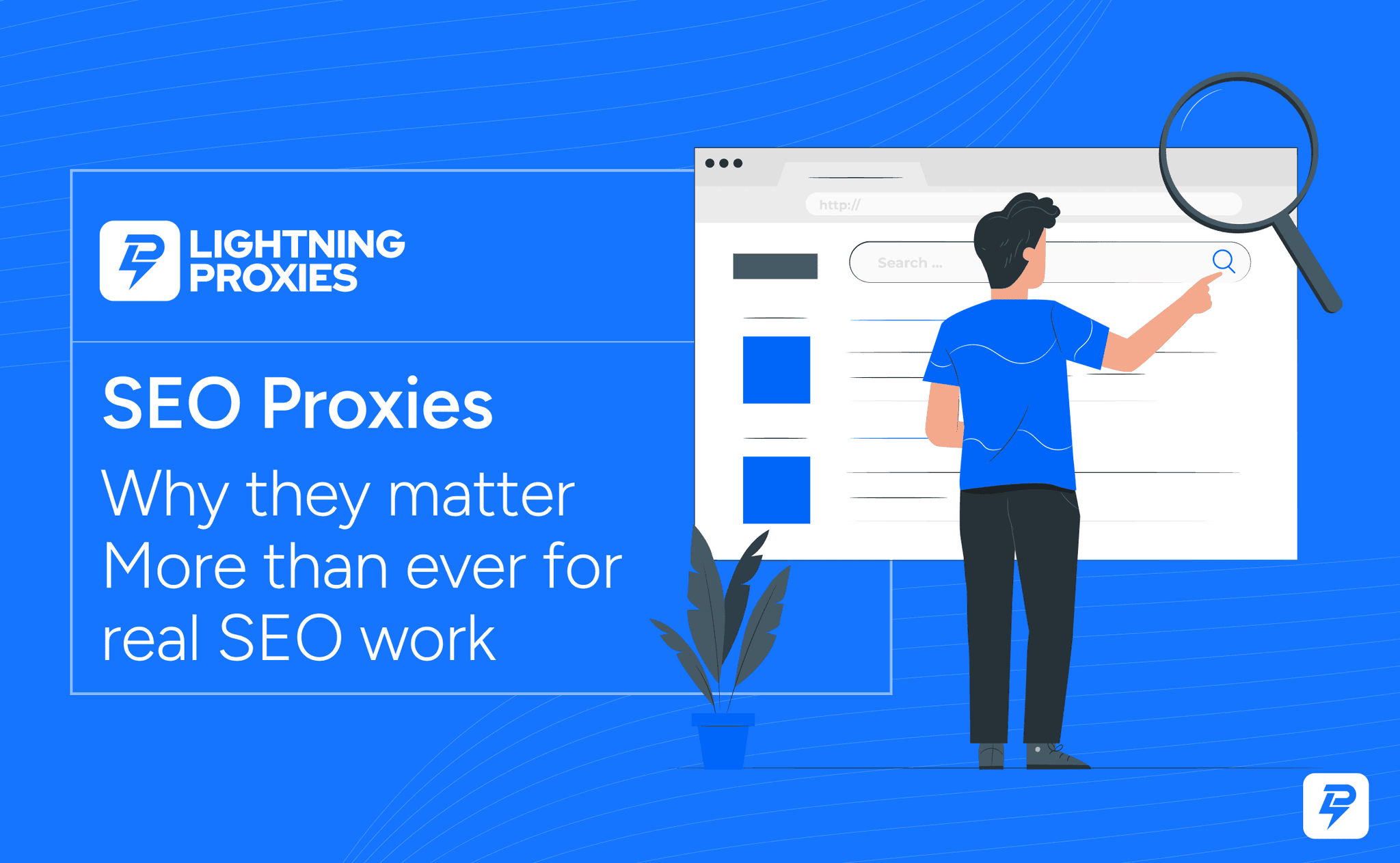 Premium tech illustration of SEO proxies enabling safe access to search engine results, rank tracking, and data collection