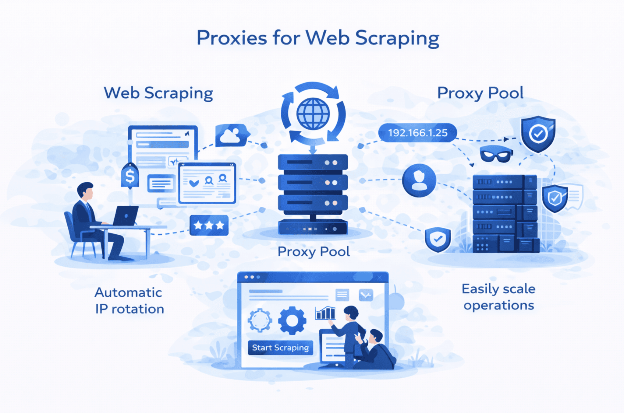 Flat-style illustration showing different types of proxies used for data collection, including datacenter, residential, mobile, and IPv6 proxies connected through secure network shields