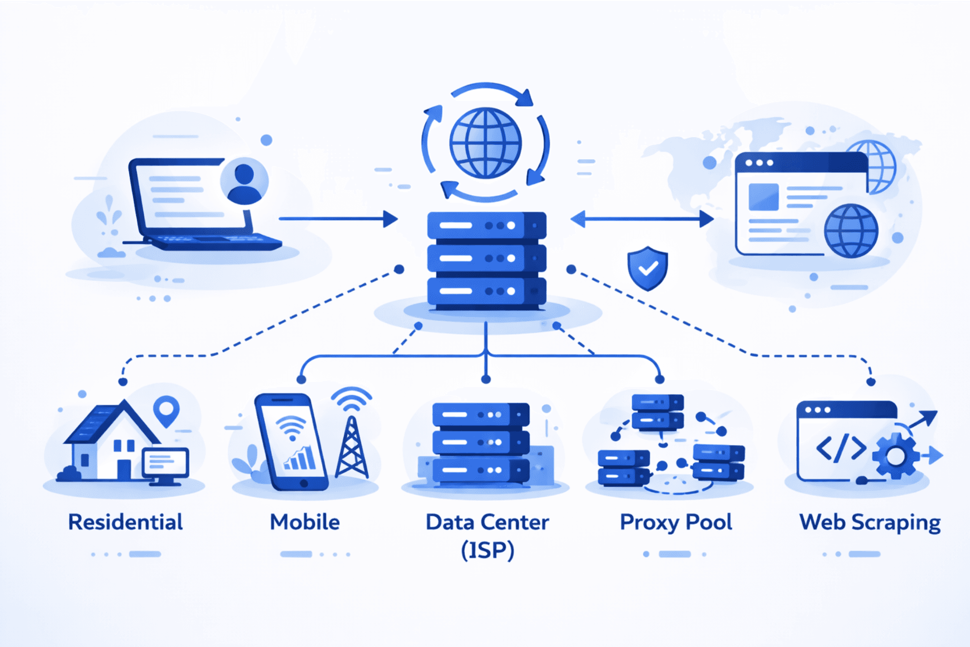 Flat-style illustration comparing a proxy pool and dedicated proxies, showing shared proxy resources versus a single dedicated proxy with secure server infrastructure