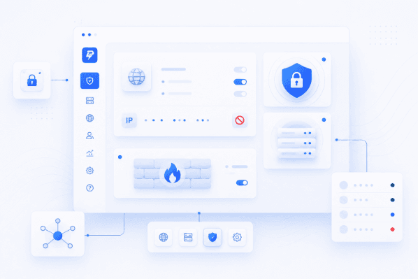 Dashboard illustration showing IP address management, firewall settings, and security controls for identifying traffic to block