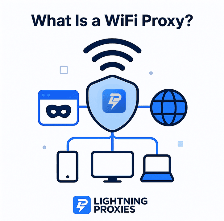WiFi proxy illustration with LightningProxies shield, WiFi signal, connected devices, browser icon, and globe.