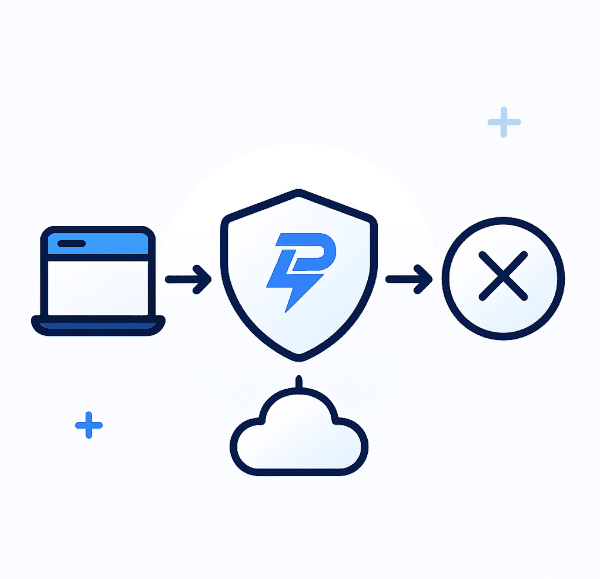 Minimal premium-style illustration showing a device connecting to a proxy shield and then being disabled with an X icon.
