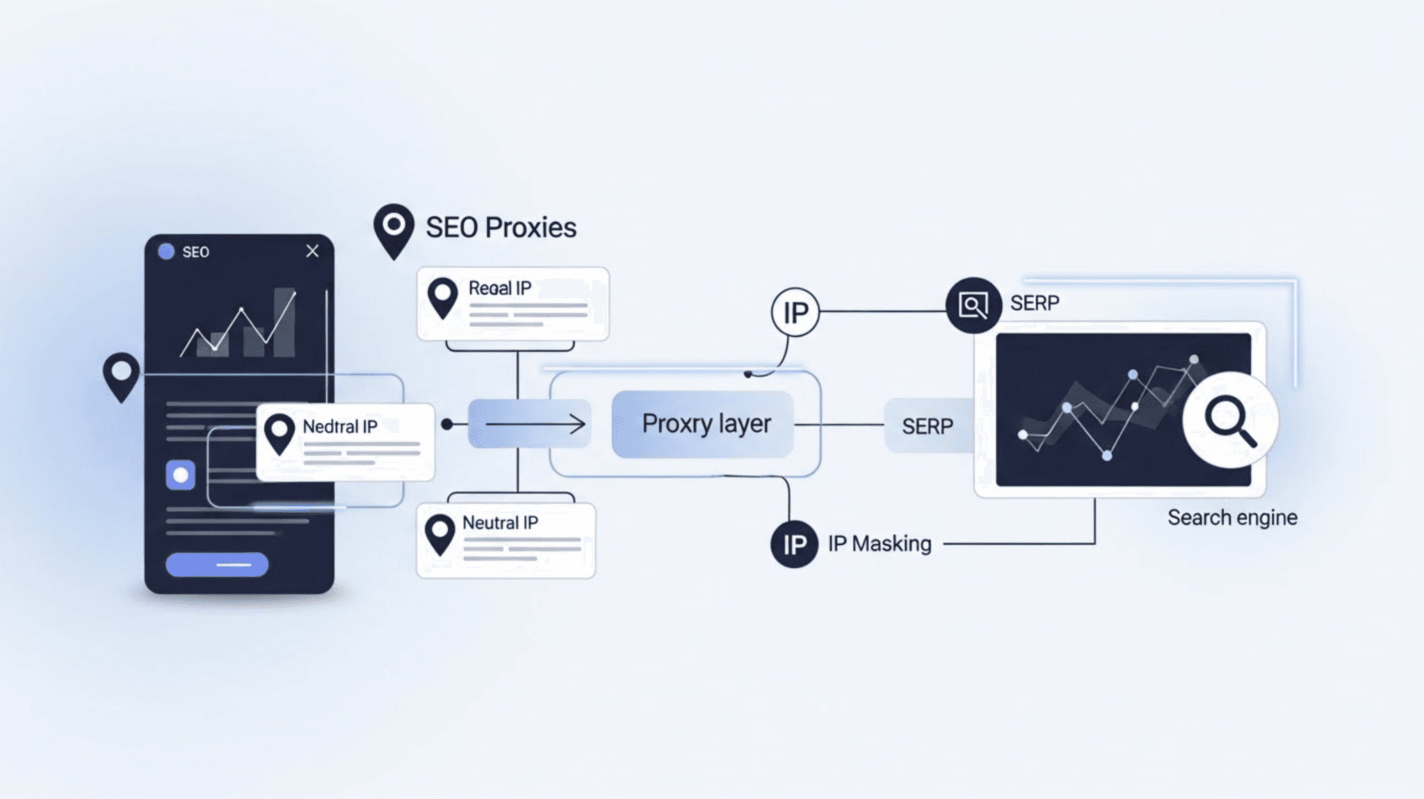 Illustration showing how SEO proxies route requests through intermediary IPs to access neutral search results without personalization or location bias.