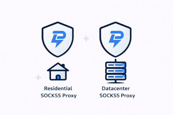 Minimal premium-style illustration comparing Residential SOCKS5 proxies and Datacenter SOCKS5 proxies, shown with a home icon and server icon beneath protected proxy shields.